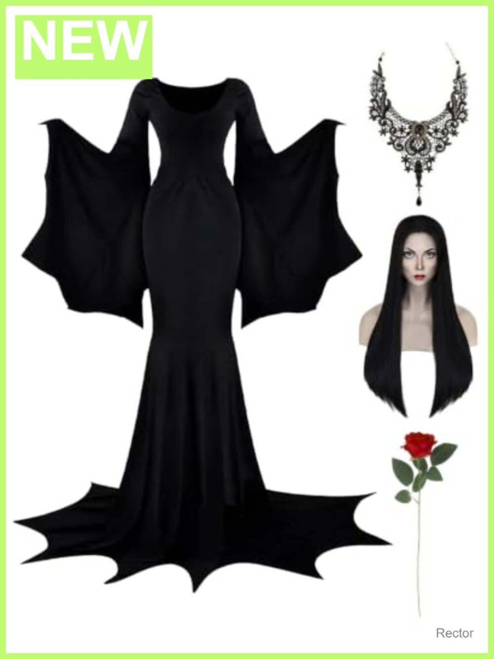 Morticia Addams Halloween Costume Set Gothic Dress Wig Necklace Rose